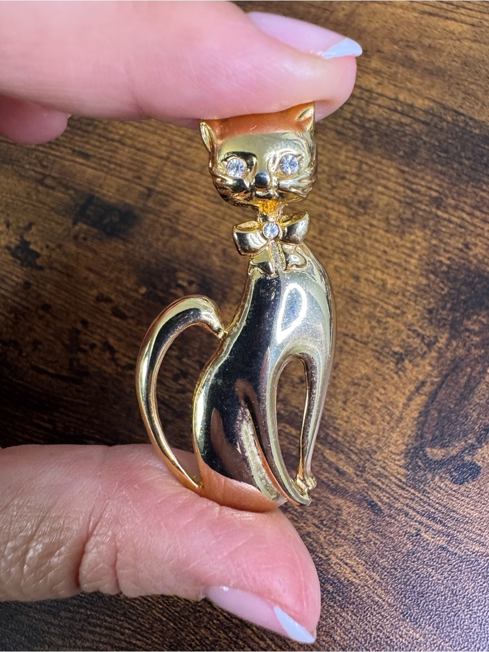 Vintage Gold Cat Brooch with Clear Rhinestone Accents